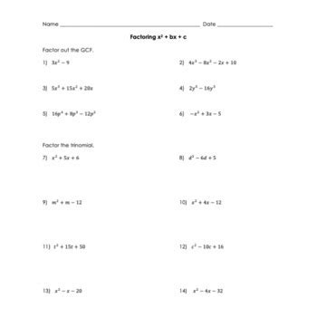 factoring x2+bx+c worksheet